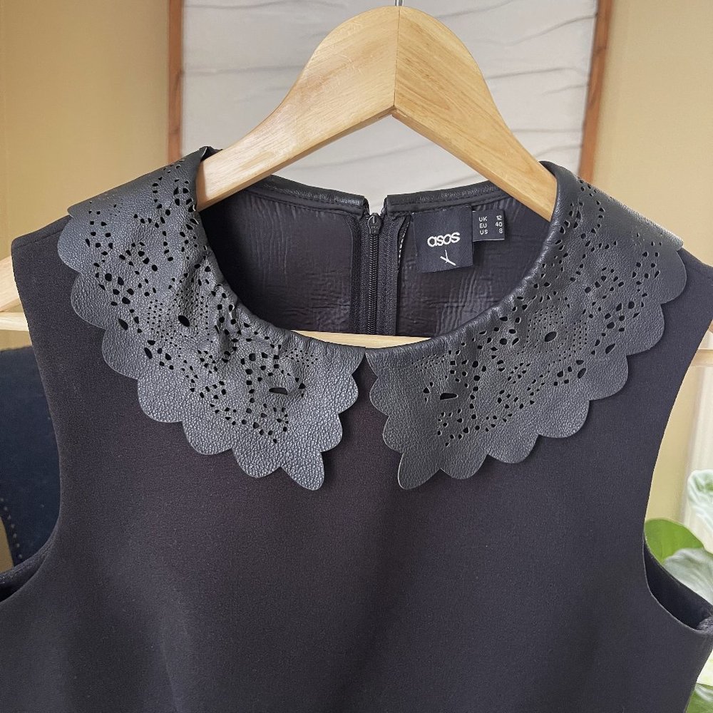 Women's ASOS Black Leather Lace Collar Dress Size 8